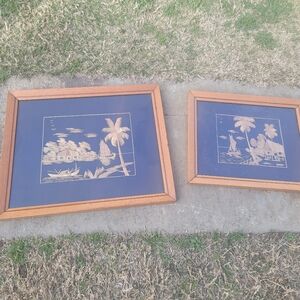 Tropical Scene Wooden Framed Art in Blue and Brown